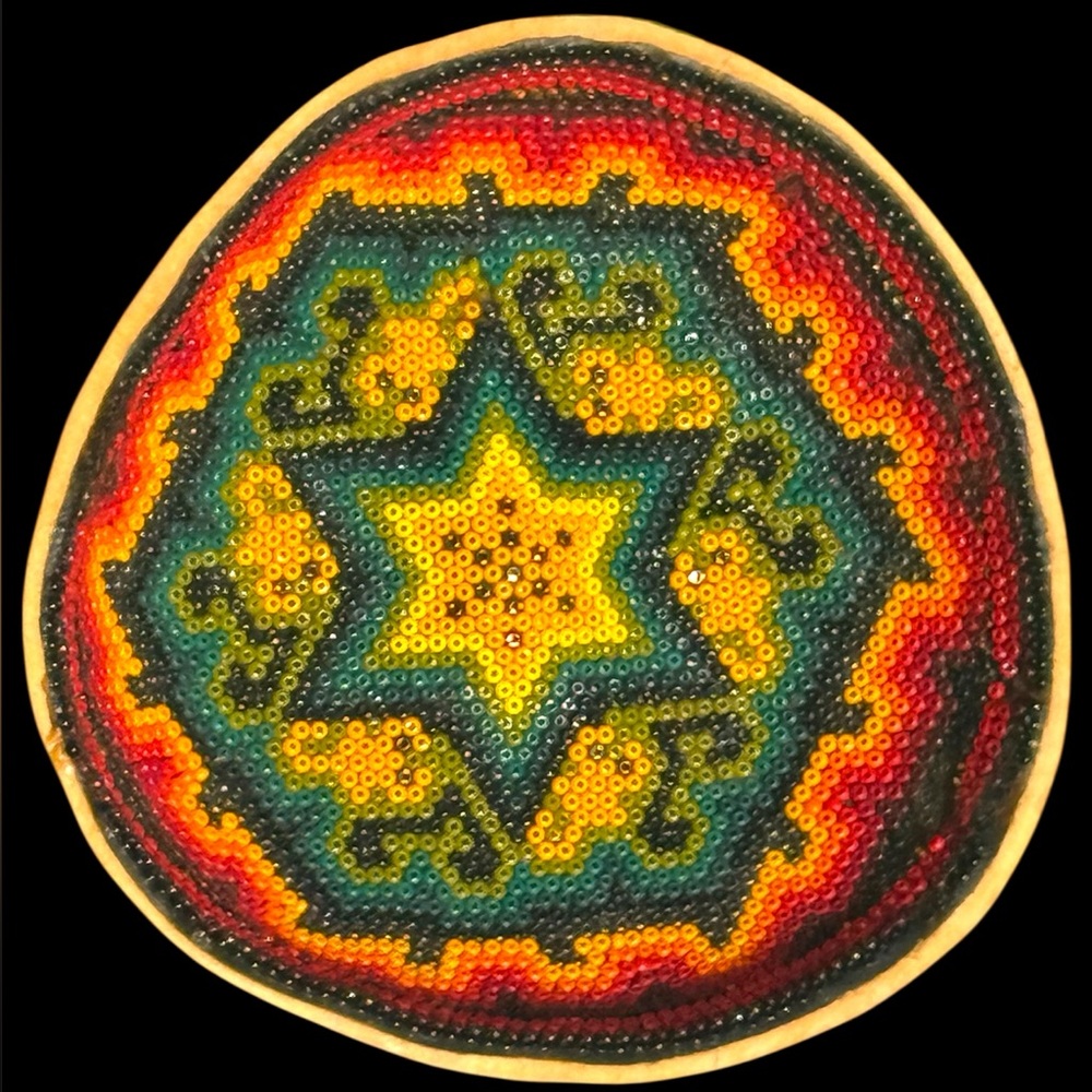 HUICHOL Mexico Vintage Beaded Peyote Gourd Prayer Bowl Folk Art 
6 Pt Star